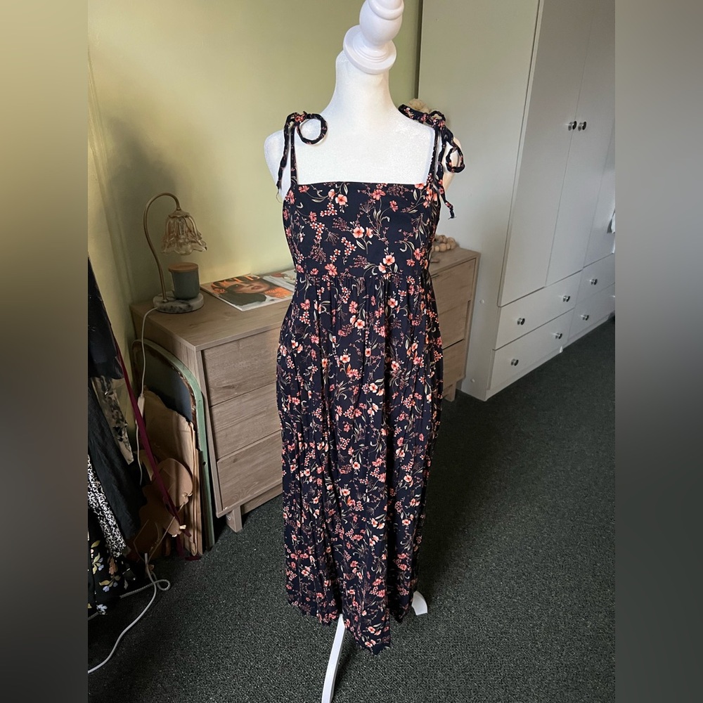 Navy Floral Print Midi Swing Tie Shoulder Square Neck Casual Flowy Summer Dress - Picture 14 of 16
